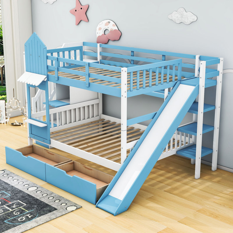 Leedey Castle Style Wood Bunk Bed with 2 Drawers 3 Shelves and Slide by Harper Orchard Harper Orchard Bed Frame Color Blue Size Twin